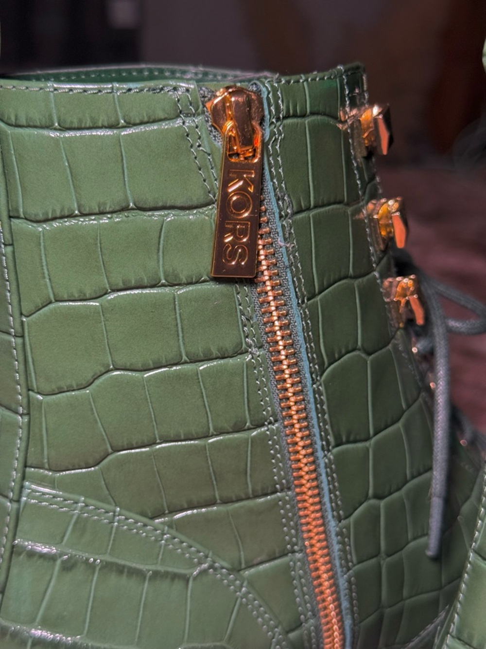 Michael Kors Green Crocodile-Embossed Leather Lace-Up Boots - Picture 5 of 10